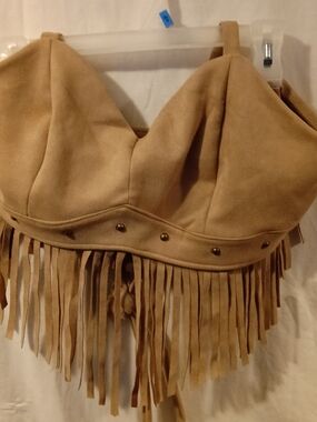 Tan Suede Fringe Western Halter Top/Vest Studded Boho Festival Size S